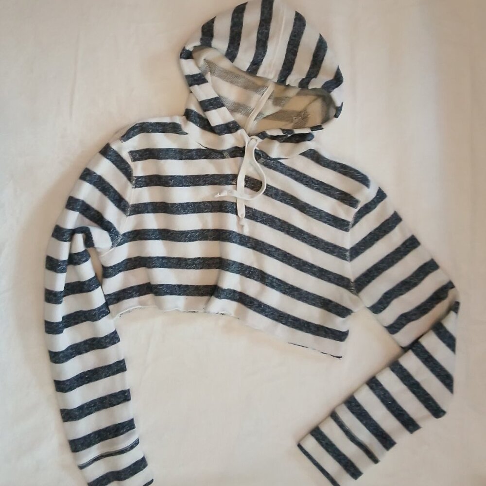 Merona Womens ⛵ Striped Long Sleeve Cropped Pull Over Hooded Sweater Top  ⛵